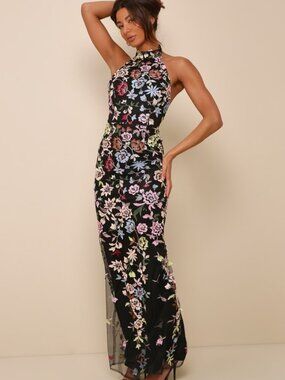 Lulus Infinite Praise Black 3d Floral Embroidered Halter Maxi Dress - Size S